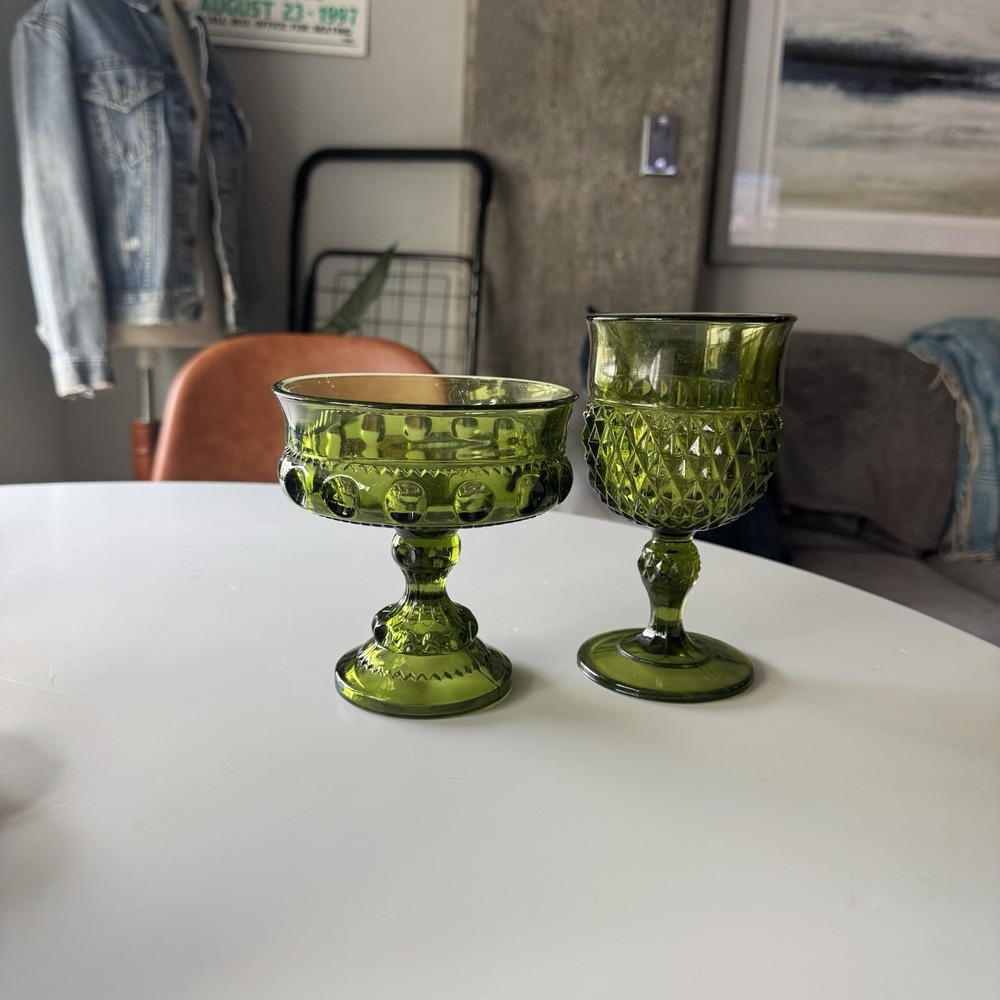 Vintage Indiana Glass Avocado Green Compote & Diamond Point Goblet Lot